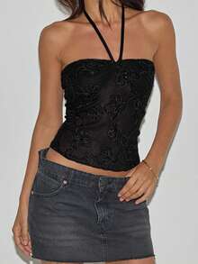 Womens Floral Halter Tank Tops Summer Sequin Slim Fit Backless Sleeveless Crop Vest - Black - View 2