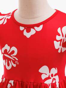 Vestido de estilo hawaiano para niñas en verano, con estampado de hojas blancas - Incluye set de corona de flores hawaianas, disfraz de Halloween y Navidad, falda hula - Rojo - Ver 5