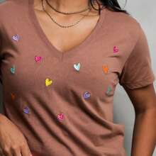 SILK ROUTE Women's T-Shirt Blouse Basic V-Neck Cotton Heart Print T-Shirt In Various Colors - Mocha Brown - View 3