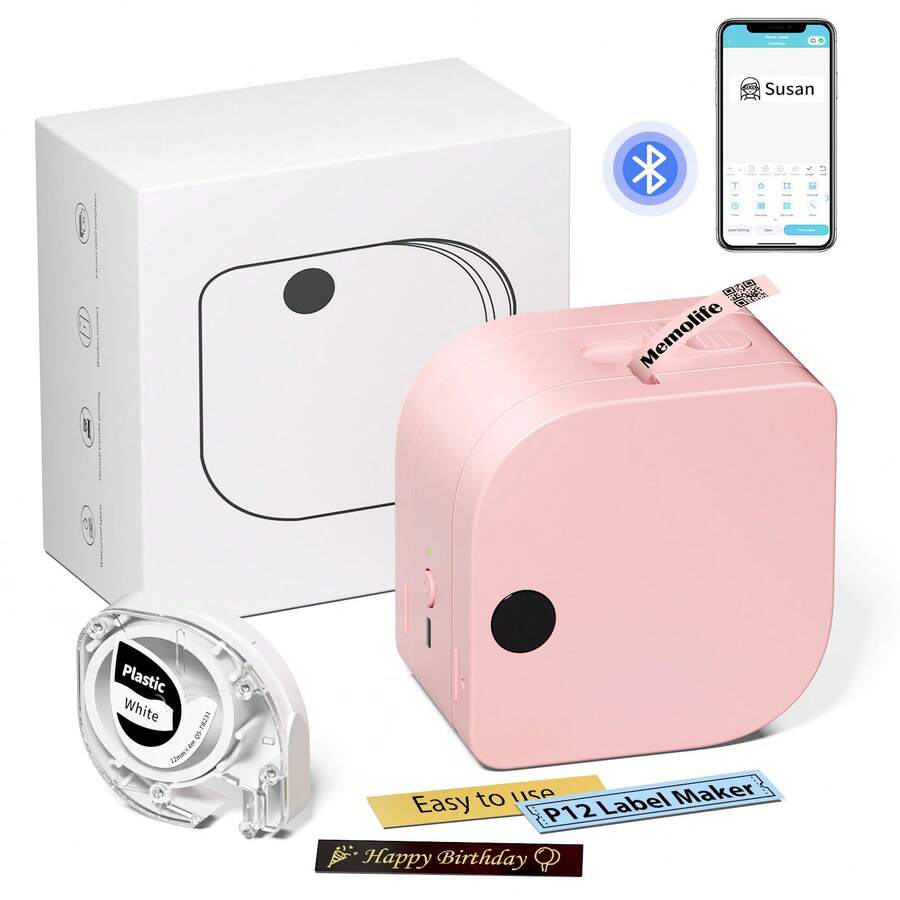 Phomemo P12 Label Maker Machine With 1 Tape, Bluetooth Small Thermal Label Printer With Multiple Templates Mini Label Maker For Home, Kitchen, Organization, Office - Pink - View 1