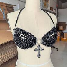 Glossmoon European And American Style Black Cool Cross Pendant Bra Chain Sexy Multi-Layer Beaded Body Chain Light Luxury High-End Beachwear Sexy Elegant Accessories - 黑色 - 查看 5