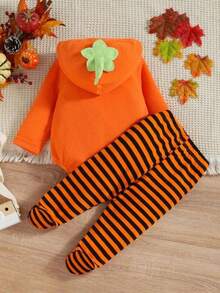 Kids' Halloween Pumpkin & Scary Face Jumpsuit, Cute Baby Hooded Romper + Striped Pants Set