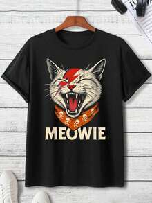 1pc Meow Cat Tank Top, Hine Washable T- Shirt, Timeless& Versatile Style, Mens Shirts, Pair With Jeans For A Casual Yet Stylish Date Night Look,Personalized  Graphic T-Shirt ,Black Casual Short Sleeves, 100% Cotton, Men's T-Shirt,,Funny Graphic T Shirts,S-XXXL,Fall Clothes,Halloween Clothes - 黑色-1 - 查看 1