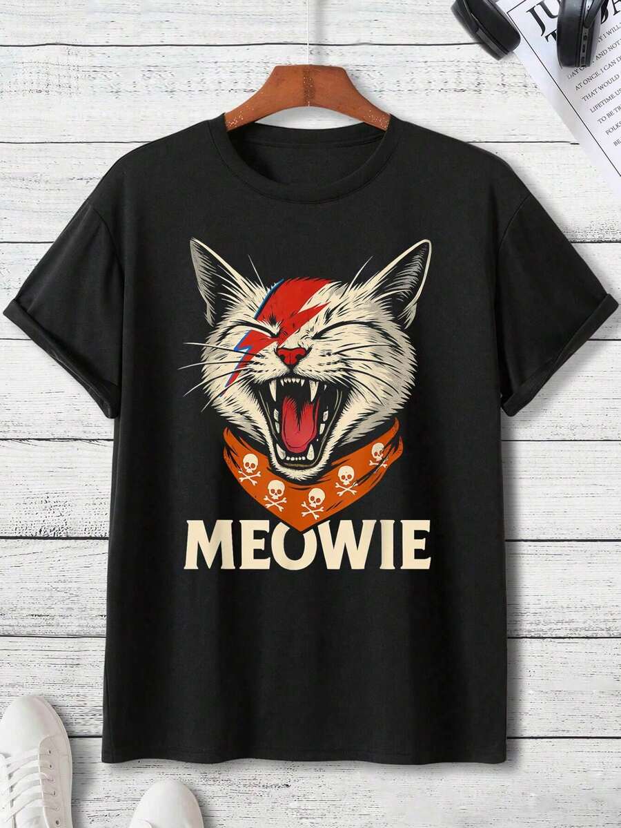 1pc Meow Cat Tank Top, Hine Washable T- Shirt, Timeless& Versatile Style, Mens Shirts, Pair With Jeans For A Casual Yet Stylish Date Night Look,Personalized Graphic T-Shirt ,Black Casual Short Sleeves, 100% Cotton, Men's T-Shirt,,Funny Graphic T Shirts,S-XXXL,Fall Clothes,Halloween Clothes - 黑色-1 - 查看 1