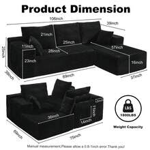 105'' Plush Cloud Sectional Couch, (Black)Boneless L Shape Couch With Deep Seat, Sectional Sofa, Living Room Sofa, No Assembly Required, Minimalist Modular Couches Sleeper For BedroomApartment Lounge,Sofa De Sala, Couch, Sofa Cama, Muebles Para Sala, Christmas Decoration, Christmas Decorations For Home, Living Room Set Furniture. - 黑色 - 查看 3