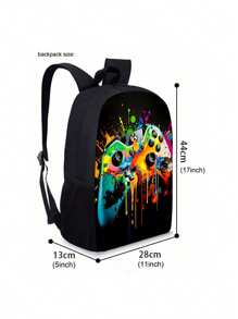 游戏手柄图案印花背包三件套（单层背包+肩带午餐袋+单层笔袋） - 黑色 - 查看 2