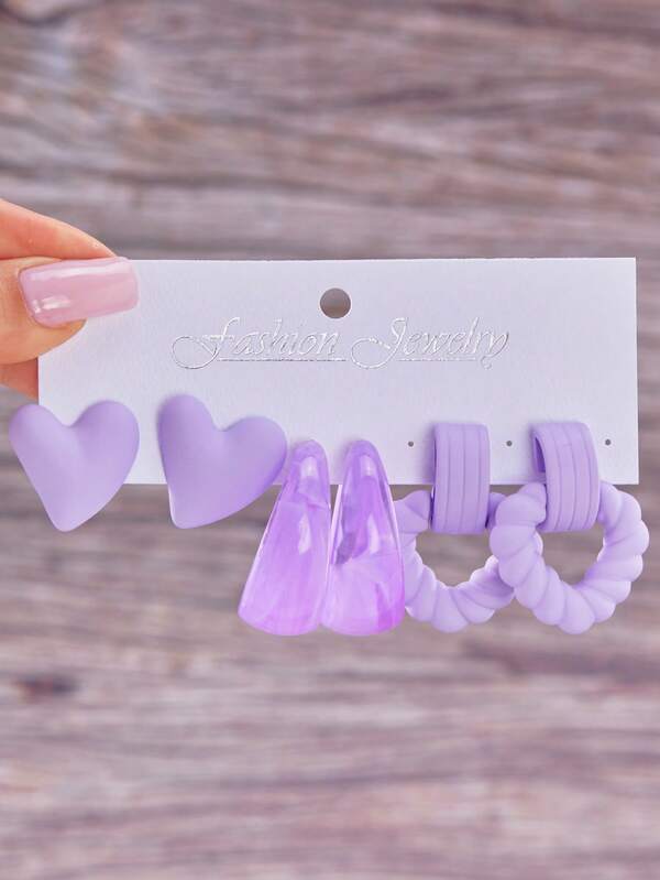 6pcs Fashionable Cute Candy Color Heart C-Shaped CCB Earring Set For Women, Daily Wear