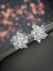 1pair Luxury Crystal Flower Stud Earrings Brilliant Cubic Zirconia Romantic Women Accessories Party Daily Wear Fashion Versatile For Teens Girls Earrings - Silver - View 5