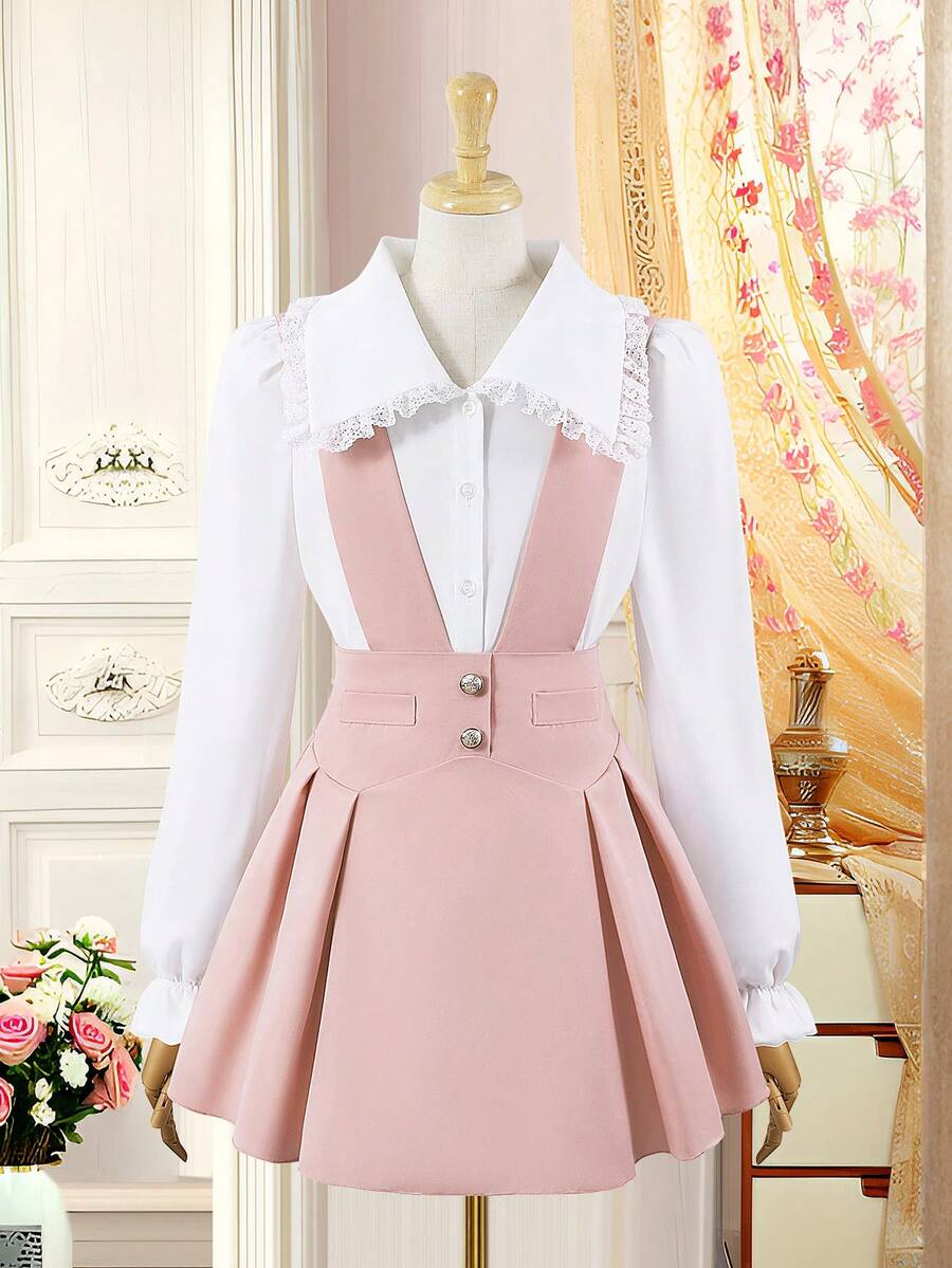 Girls' Lace Patchwork Turndown Collar Shirt With Suspender Skirt, Suitable For Spring And Autumn