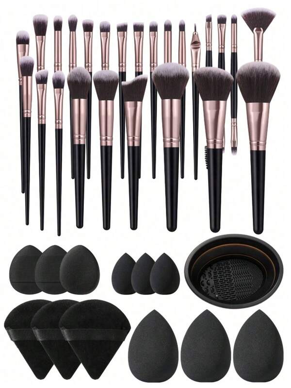 Set van 38 stuks make-upgereedschap, inclusief: 25 stuks make-upkwastensets + 3 stuks make-upsponsen + 3 stuks mini-make-upsponsen + 3 stuks driehoekige poederdonsjes + 3 stuks mini-luchtkussenpoederdonsjes + 1 stuk schoonmaakgereedschap voor make-upkwasten, complete make-upgereedschappen