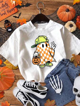 Tween Boy Halloween Ghost Print Loose T-Shirt, Casual & Fashionable Short Sleeve For Daily Wear
