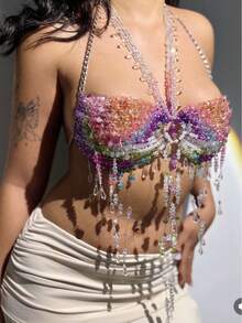 Chaleco de moda para mujeres de Glossmoon, estilo europeo y americano, halter sexy, camisola, cadena corporal de piedras preciosas coloridas, cadena de pecho B25491, moda de playa, accesorios elegantes para mujeres - Color - Ver 2