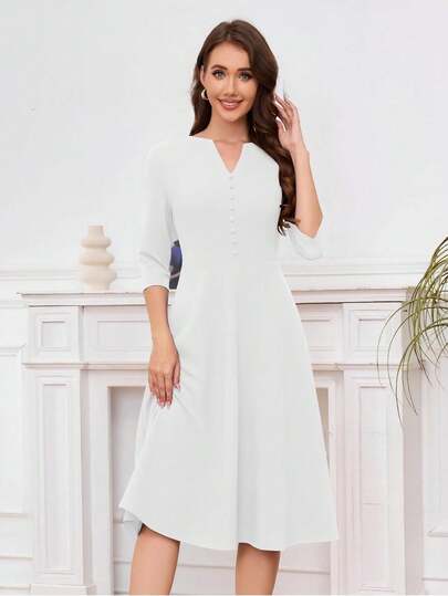 Elegant Button Front  V Neck Wedding Guest Dress Sleeves Knee Length Formal Dress