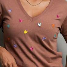 SILK ROUTE Women's T-Shirt Blouse Basic V-Neck Cotton Heart Print T-Shirt In Various Colors - Mocha Brown - View 2