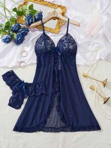 2pcs Lace Sexy Lingerie Set, Ruffled Sheer Mesh V-Neck Sleepwear, Sexy Slip Dress Nightgown, Lace Trim Babydoll Pajamas With Panty, Suitable For Autumn Home Wear, Also Wearable In Winter - Navy Blue - View 1