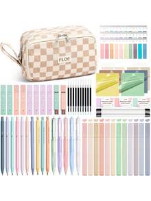 62PCS Large Capacity Pencil Pouch Stationery Pen Bag With Pastel Highlighters Black Ink Gel Pens Mechanical Pencils Set 0.5mm, 0.7mm & 2.0mm, Aesthetic School Supplies For Back To School Student & College Essentials Gifts - Kẻ ô màu be - Xem 1