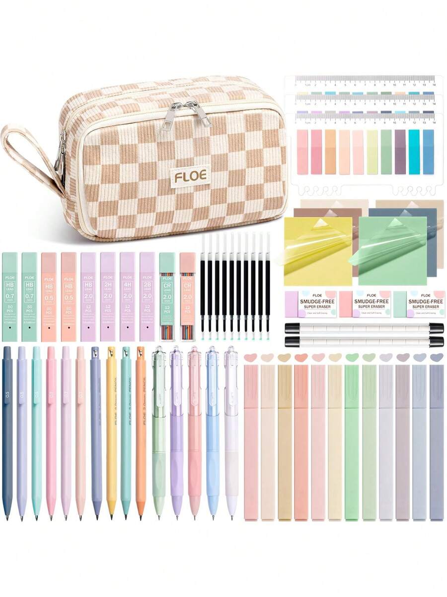 62PCS Large Capacity Pencil Pouch Stationery Pen Bag With Pastel Highlighters Black Ink Gel Pens Mechanical Pencils Set 0.5mm, 0.7mm & 2.0mm, Aesthetic School Supplies For Back To School Student & College Essentials Gifts - Kẻ ô màu be - Xem 1