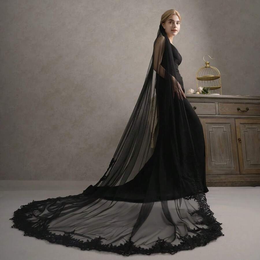 1pc Black Handmade Lace Trim Bridal Veil, Dark Gothic Style Floor Length Cathedral Wedding Dress Accessory Fall Clothes For Women - 黑色 - 查看 1