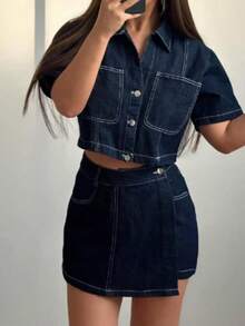 Seelio Spring/Summer New Arrival Women Denim Short Shirt & Double-Belted Skirt 2-Piece Suit - Dark Blue - View 9