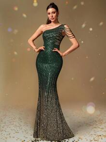 [Cắt ngẫu nhiên] Đầm dạ hội dài ôm eo, đính sequin lấp lánh, cổ lệch, thiết kế tua rua, trang trí bằng sequin, thích hợp cho tiệc tùng, đám cưới, sinh nhật, lễ phục tốt nghiệp, lễ phục trang trọng, học sinh, mùa xuân. - Màu xanh lá cây đậm - Xem 5