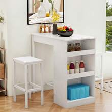BALCONERA White Breakfast Bar Table Set – 2 Bar Stools With Footrest & Storage Shelf | Industrial Steel Frame Dining Bar Set For Kitchen, Dining Room & Pub - White - View 2