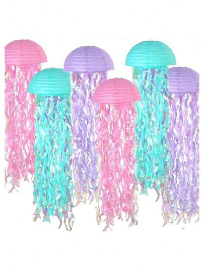 1pc Blue Jellyfish Shaped Hanging Paper Lantern, Gradient Color Paper Lantern, Suitable For Mermaid Theme Party, Underwater World Birthday Decoration, Baby Shower Decoration, Colorful Blue Hanging Ribbons, Suitable For Birthday, Christening, Wedding, Party Decoration, Wall Decoration, Ornaments