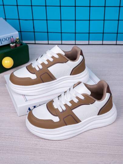 1 Pair Kids' Low-Top Casual Lace-Up Sneakers, Colorblock Uppers, Thick Cushioned & Durable Soles, Fashionable & Versatile For Daily Casual & Sports Wear