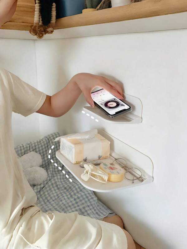 1/2pcs Multi-Functional Minimalist Foldable Wall-Mounted Shelf, No Drilling Required, Wall-Friendly Design, Ideal For Bathroom, Bedroom, Living Room, Kitchen, And Bedside Storage. Perfect For Holding Tissues, Phones, Towels, Clothes, Watches, Keys, And Other Small Items