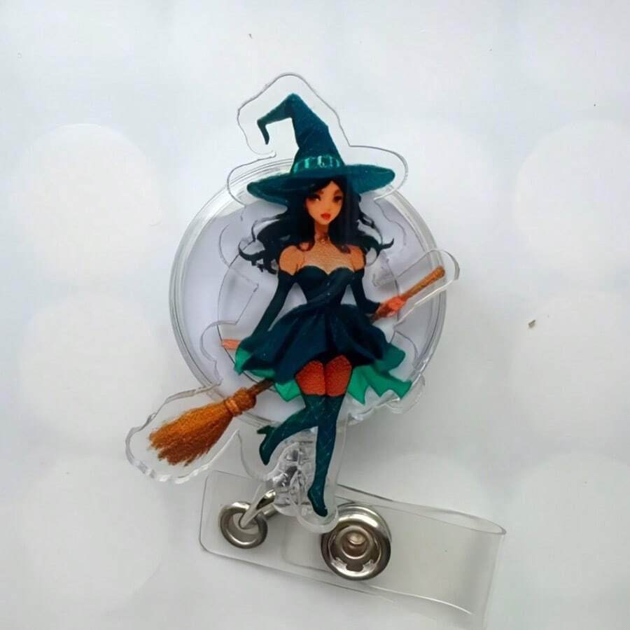 بكرة شارة قابلة للسحب بشكل ساحرة تركب على مكنسة، مناسبة للمكاتب والمستشفيات والمدارس والأماكن الخارجية، تزيين الملابس، للموظفين والممرضات والمعلمين والطلاب والمتطوعين، هدية عيد الهالوين | هدية عيدية | هدية عيد ميلاد | مفاجأة