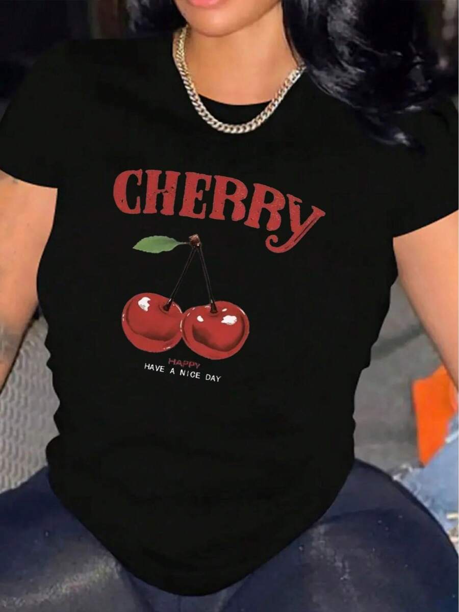 Cherry Womens TShirt Comfortable Crew Neck Casual Cotton Blend ShortSleeves Soft Breathable Top Womenswear Tshirt Summer Spring Streetwear Fabric - 黑色 - 查看 1