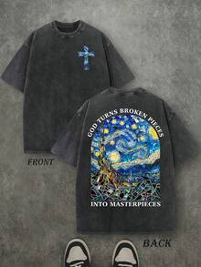 Retro Washed T-Shirt Double Sided Printed (230 Pure Cotton T-Shirt) 'GOD TURNS BROKEN PIECES'  Letter Print, Christian Gift, Men's T-Shirt, Men's Casual, Comfortable, Fashionable T-Shirt, Street Style Cotton - màu đen - Xem 1