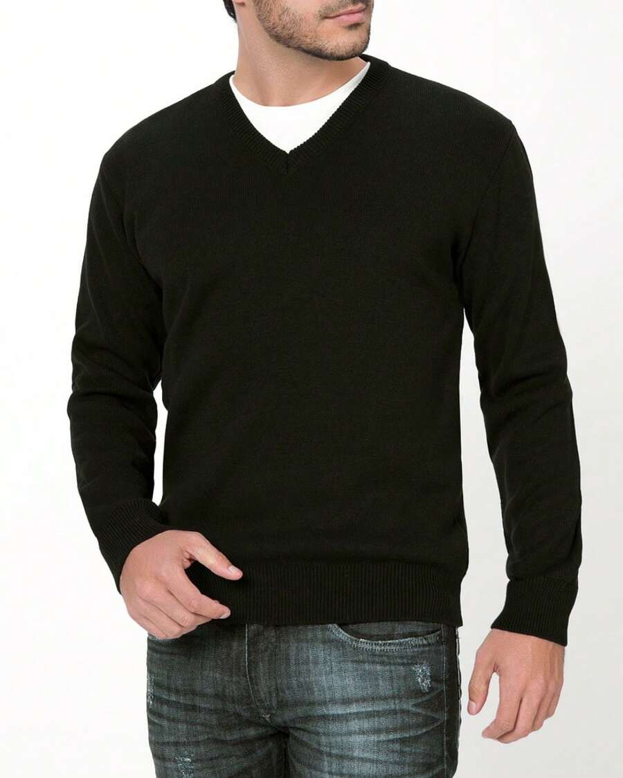 Basic V-Neck Knit Top, Fall/Winter, Regular Fit - Negro - Ver 1
