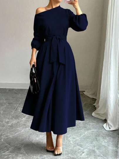 Vestido Casual Con Hombro Descubierto Cinturón De Lazo Sexy Para Dama Clarisa Manga bombacha amplia midi moño al frente