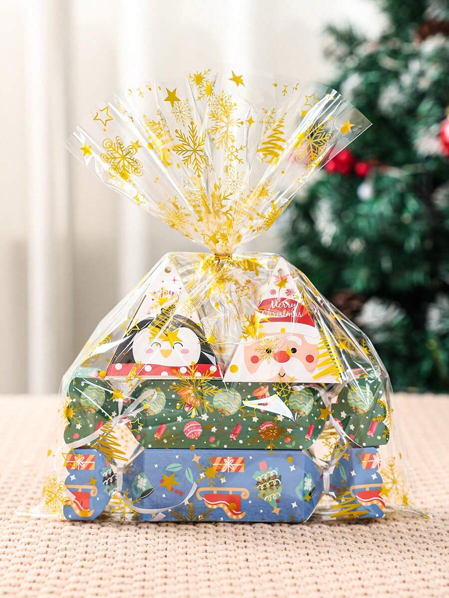 10/30个装圣诞透明玻璃礼品袋，印有金色雪花、星星和圣诞树图案，圣诞快乐礼品包装袋，礼品袋，收纳袋，适用于圣诞礼品包装、礼篮包装、圣诞派对用品、冬季装饰、圣诞家居装饰、圣诞装饰品、节日派对礼物、新年派对用品、圣诞家居饰品