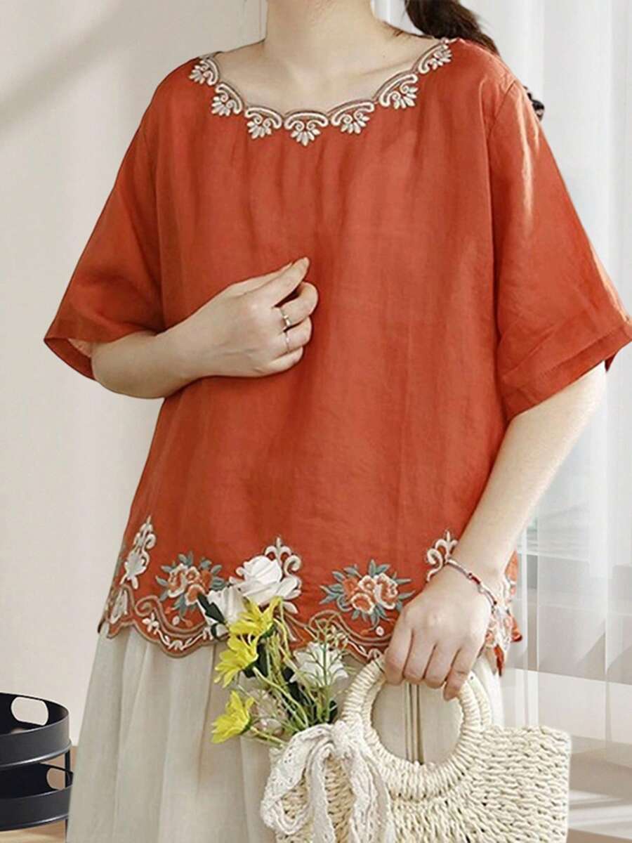 Women's Loose Cotton Linen Tops Floral Embroidery Short Sleeve Round-Neck T-Shirt For Summer - trái cam - Xem 1