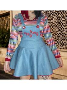 Women Devil Costume Halloween Cosplay Long Sleeve Striped Tops And Suspender Skirt Outfits - Màu xanh lam - Xem 5
