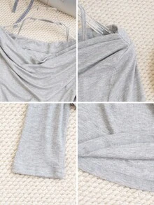 1pc Women's Open Shoulder Long Sleeve T-Shirt, Solid Color Knit Fabric, Pullover Street Style Top, Autumn/Winter