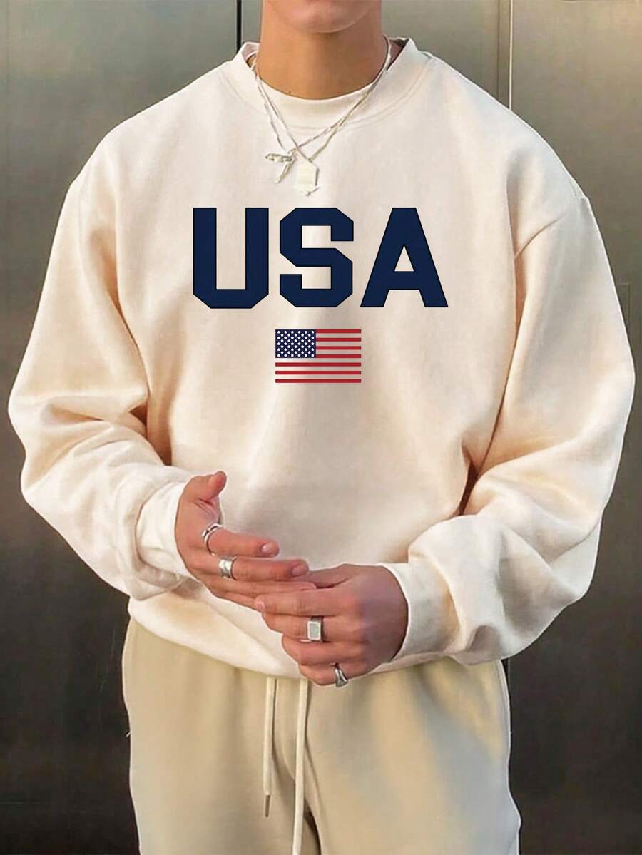 美国国旗图案男士基本款卫衣，春秋季休闲街头风格