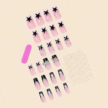 24PCS Black Star Press-On Nails With Rhinestone Accents, French Tip Full Cover Fake Nails For Party & Daily Wear, Stylish Pink & Black Design Square Nails With 4-Piece Manicure Tool Kit Included - Nhiều màu - Xem 2