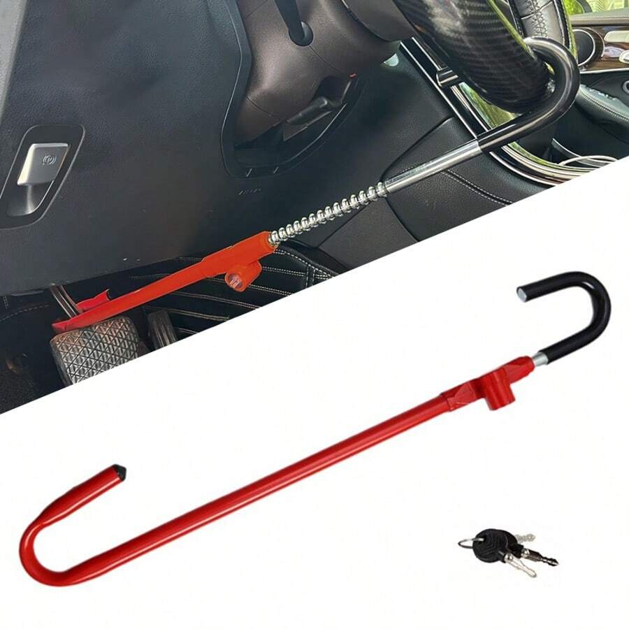 Car Steering Wheel To Pedal Lock Anti-Theft Device Twin Hook With 2 Keys Red F - Red - View 1