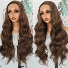 13X4 Light Blonde Body Wave Lace Front Wig 28" Soft Long Wavy Wigs Glueless Free Part 180% Density With Adjustable Straps & Combs Heat Resistant Blonde Synthetic Hair Replacement Wigs For Women Perfect For Daily Wear Parties & Special Occasions - Light Brown - Xem 3