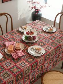1pc Bohemian Style Decorative Tablecloth, Red Geometric Square Jacquard Tablecloth With Shell Embroidery Lace Trim, Rectangular Table Cloth Suitable For Christmas, Party, Wedding, Home Decor, Vintage Style (Slight Color Difference) - Multicolor - View 3