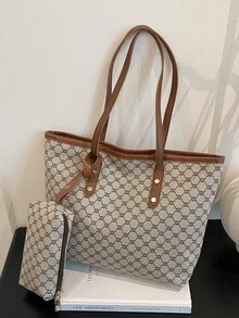 1 件卡其色手提包，全新设计，金属五金装饰，复古花卉 PU，大容量女士单肩包（带小吊坠配件） - 卡其色 - 查看 2