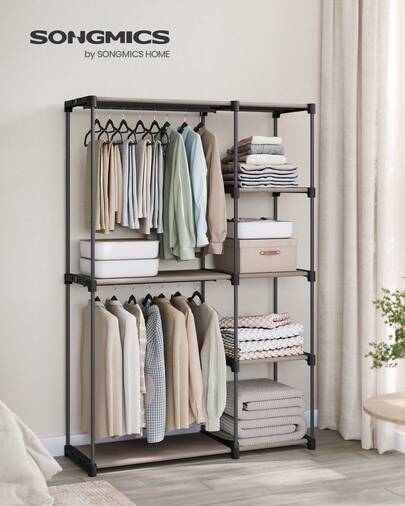 SONGMICS HOME Freestanding Wardrobe, Foldable Closet, Coat Rack With Clothes Rails, Clothes Rack, Open Storage Wardrobe, Storage Organiser, Cloakroom, Bedroom, 43 X 124 X 182 Cm, Brown