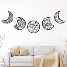 5 Piezas Decoración de pared colgante de fases lunares estilo bohemio sobre la cama, ornamento de pedimento de madera nórdica de fases lunares para sala de estar, dormitorio, hogar, decoración de apartamento, bar - Café integral - Ver 3
