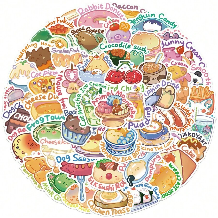 50 Hand-Painted English Cartoon Animal Food Graffiti Stickers For Decorating Luggage And Notebooks - Multicolor - View 1