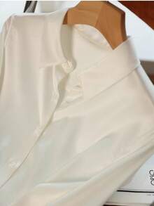 Camisa de manga larga con botones de unicolor casual para mujer - Blanco - Ver 3