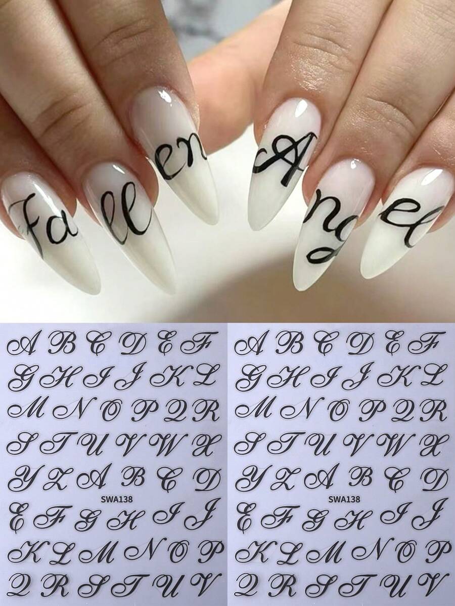 2片装3D哥特字母美甲贴纸，时尚浪漫英文单词字母符号设计，DIY Y2K自粘滑块，美甲装饰配件，美甲用品，送给女性和女孩的礼物 - 黑色 - 查看 1
