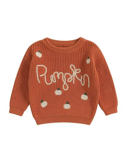 Toddler Boys Girls Halloween Sweater Pumpkin Knit Pullover Long Sleeve Crew Neck Pumpkin Ghost Letter Embroidery Ribbed Knitted Jumper For Baby Boys Girls Casual Halloween Ribbed Knitwear