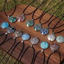 12pcs Natural Stone Pendant Set Natural Stone Round Tree Life Pendant With 5pcs Necklace Bohemian Style Handcrafted Necklace Accessories Perfect Gift For Valentine'S Day, Mother'S Day, Or Birthdays